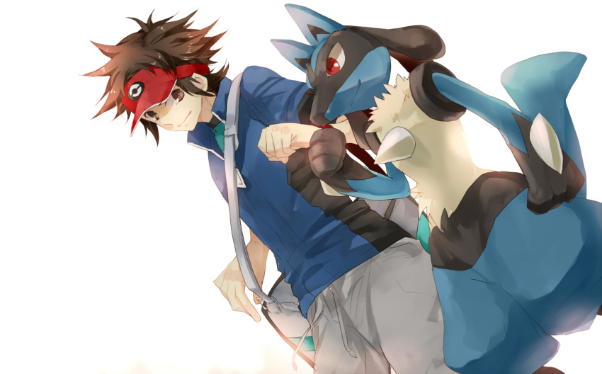 1boy, bag, brown_eyes, brown_hair, ichi_kawa_ichi, jacket, kyouhei_(pokemon), lucario