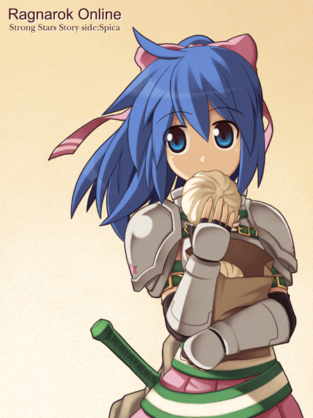 blue_eyes, blue_hair, eating, fingerless_gloves, gloves, hair_ribbon, paper_bag, ponytail