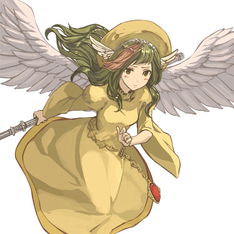 blush, dress, elona, god, goddess, hat, jure_of_healing, rueken, staff, wings, yellow