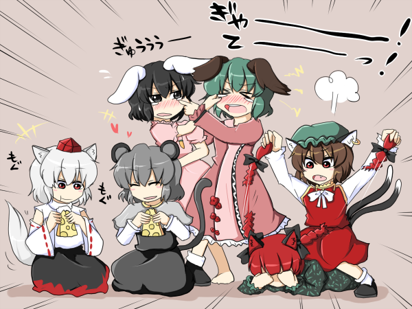 >_<, :t, animal_ears, barefoot, black_hair, blouse, bobby_socks, bow