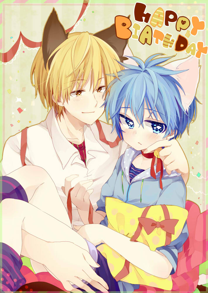 animal_ears, bad_id, bell, bell_collar, blonde_hair, blue_eyes, blue_hair, cat_ears