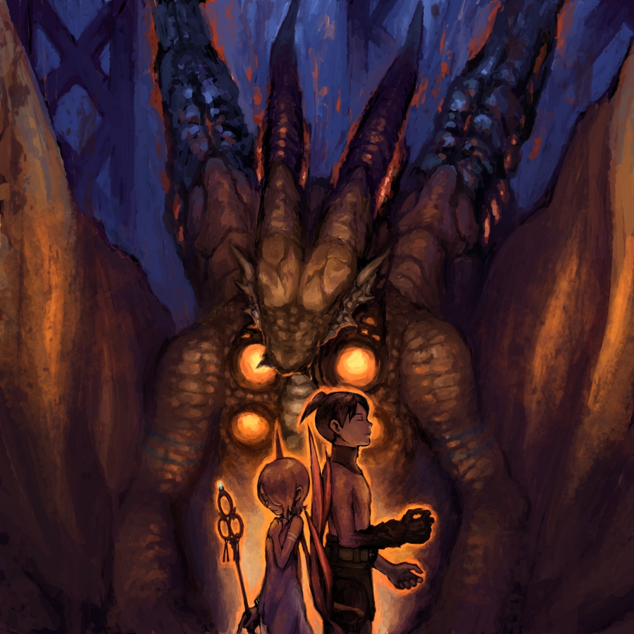 breath_of_fire_v, dragon, dress, monster, nina_(breath_of_fire_v), odjn, red_wings, ryuu_(breath_of_fire_v), short_hair, staff, wings, xi