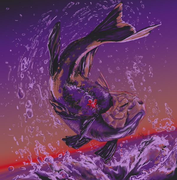closed_eyes, creature, fish, jumping, no_humans, pokemon, pokemon_(creature), purple, realistic, relicanth, solo, splashing, tygarii-razil, water