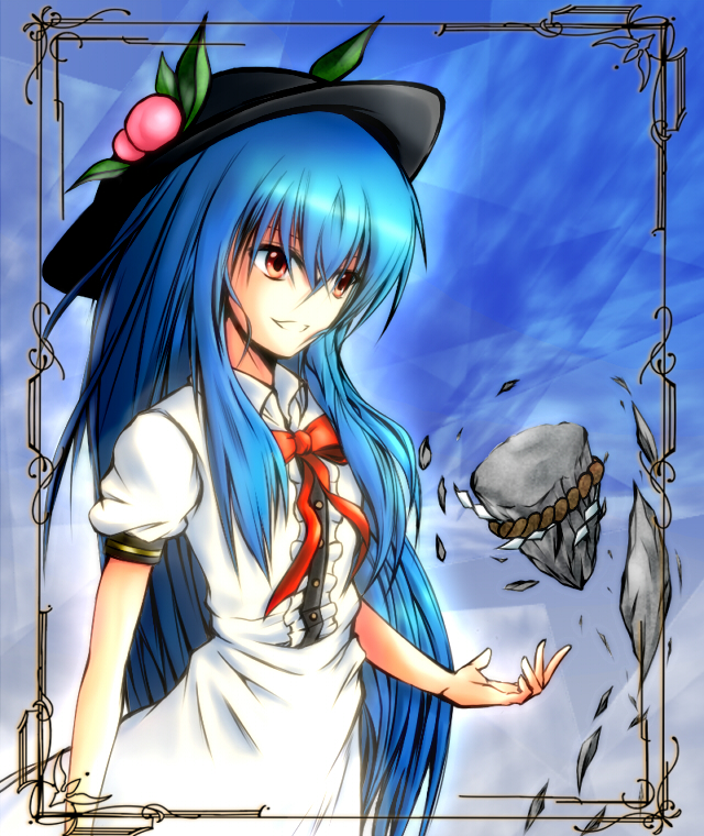 blue_hair, bow, food, fruit, hat, hinanawi_tenshi, keystone, koneko_(purinkypix)