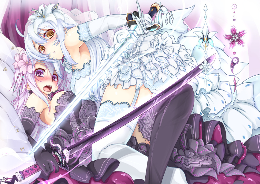 2girls, ahoge, bare_shoulders, black_gloves, black_legwear, blush, breasts, detached_sleeves