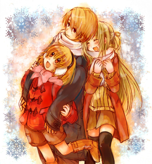 earmuffs, higurashi_no_naku_koro_ni, houjou_satoko, houjou_satoshi, midori-neko, scarf, sonozaki_shion, thighhighs