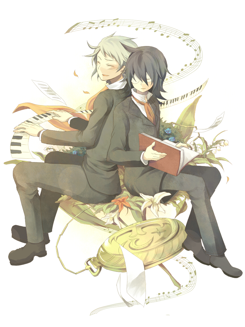 aki-t, black_hair, blonde_hair, book, closed_eyes, elliot_nightray, eyes_closed, flower