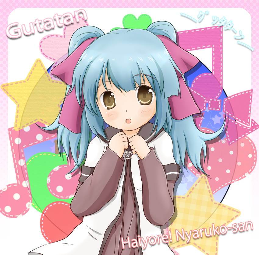 akaza_akari_(cosplay), blue_hair, cosplay, ghutatan_(nyaruko-san), haiyore!_nyaruko-san, mikami_shiori, school_uniform, seiyuu_connection, serafuku, yellow_eyes, yuru_yuri