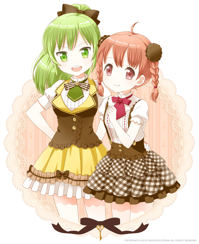 2girls, :d, ahoge, arms_behind_back, braid, copyright_notice, fujisawa_kamiya, green_eyes