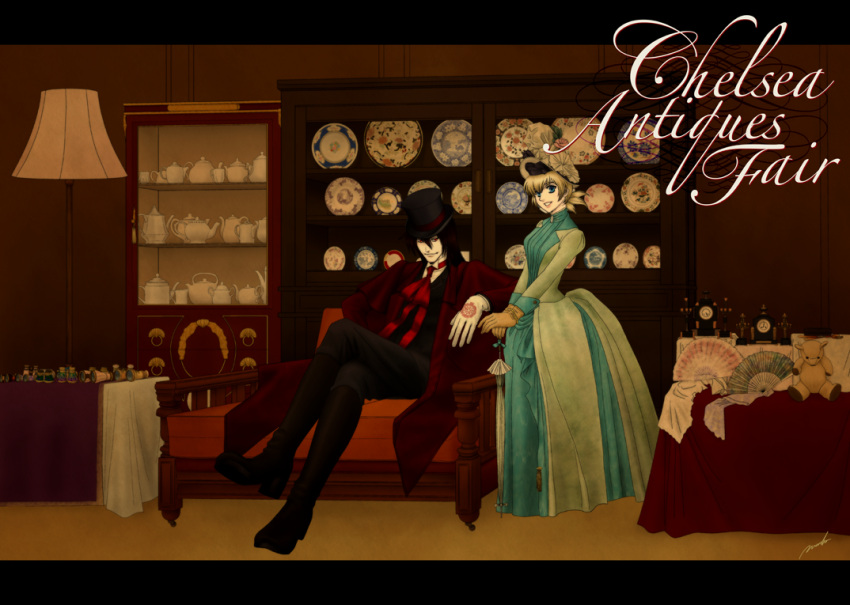 black_hair, blonde_hair, bustle, cabinet, dress, formal, gloves, hat