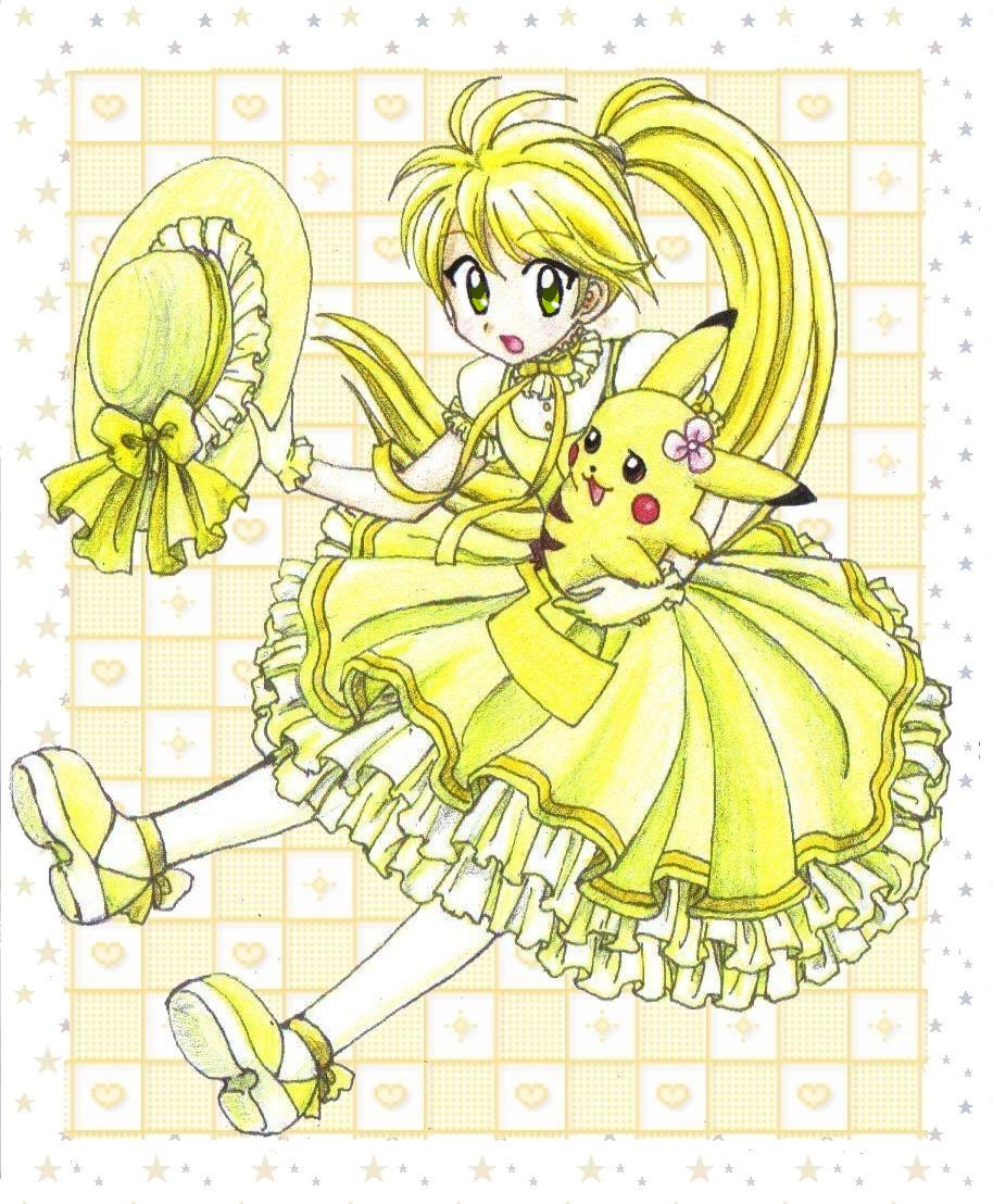 alternate_costume, blush_stickers, brown_eyes, checkered, checkered_background, chikorita85, chuchu_(pokemon), dress