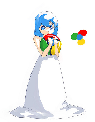 1girl, black_light, blue_eyes, blue_hair, chrome-tan, dress, google, google_chrome, looking_at_viewer, lowres, os-tan, solo, white_background, white_dress