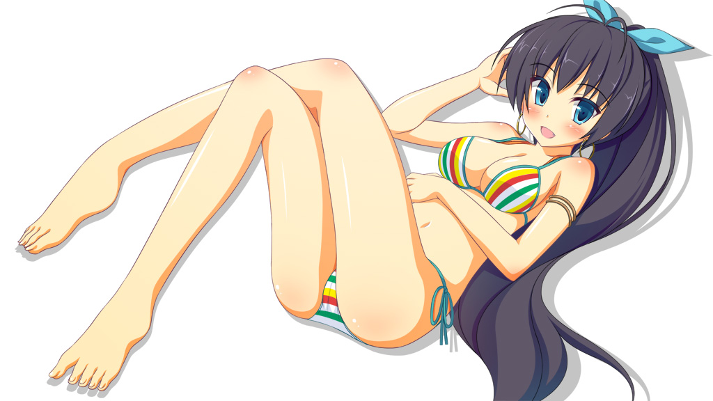 bad_id, barefoot, bikini, black_hair, blue_eyes, blush, breasts, cleavage, error, feet, ganaha_hibiki, hatsu, idolmaster, large_breasts, long_hair, navel, ponytail, side-tie_bikini, solo, swimsuit