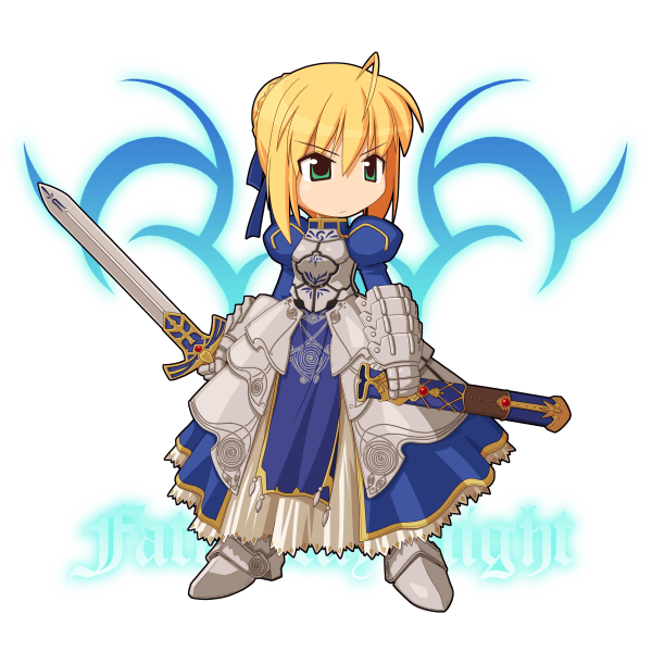 blonde_hair, chibi, dress, fate/stay_night, fate_(series), green_eyes, saber, sheath, sword, weapon, yuichirou