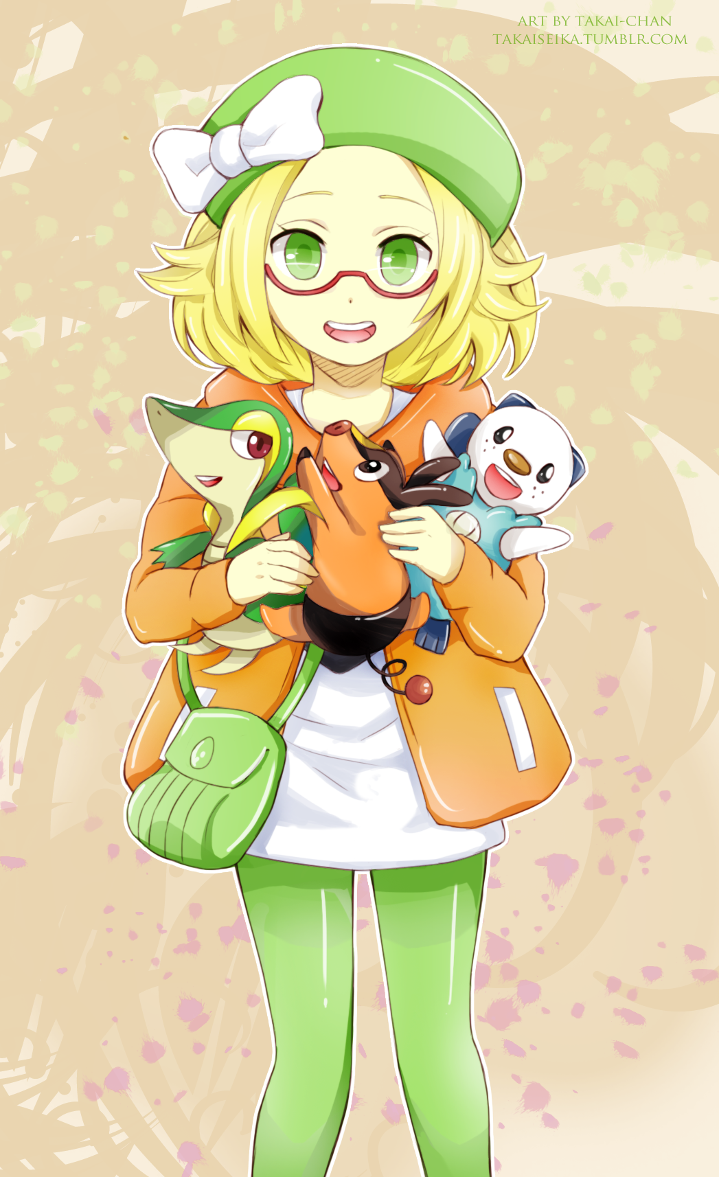 1girl, bag, bel_(pokemon), blonde_hair, glasses, green_eyes, green_legwear, hat