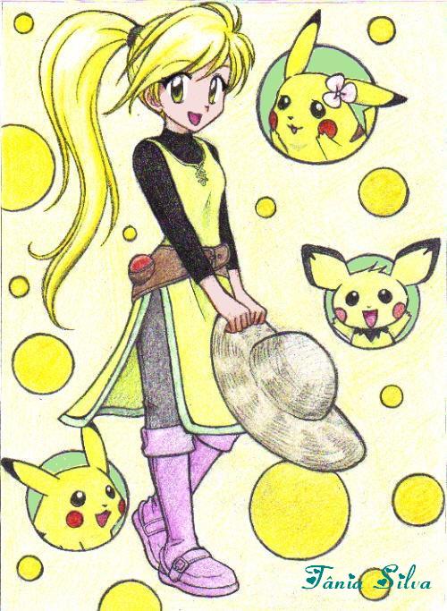 :d, blonde_hair, breasts, chikorita85, chuchu_(pokemon), dress, flat_chest, hair_ornament, hat, hat_removed, headwear_removed, holding, holding_hat, open_mouth, pichu, pika_(pokemon), pikachu, poke_ball, pokemon, pokemon_special, signature, smile, traditional_media, waist_poke_ball, yellow, yellow_(pokemon), yellow_background, yellow_dress