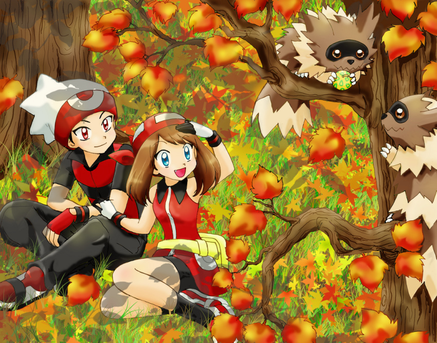 1boy, 1girl, :d, aspear_berry, autumn, berry_(pokemon), blue_eyes, brendan_(pokemon)