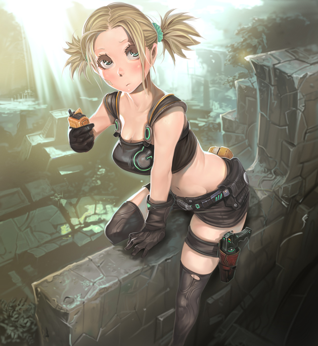 gloves, gun, holster, kichin_yarou, leg_band, midriff, no_lineart, original