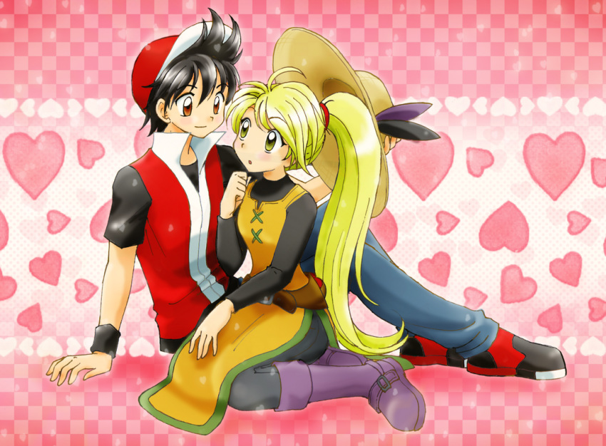 1girl, baseball_cap, black_hair, blonde_hair, boots, brown_eyes, checkered, checkered_background