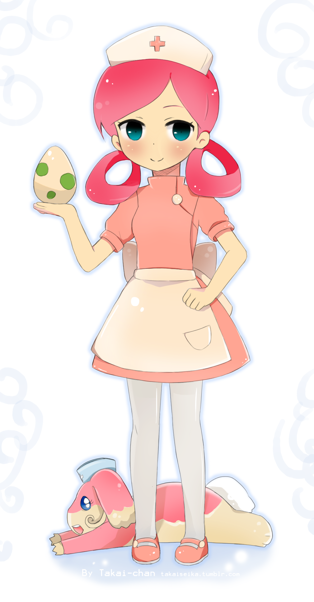 1girl, audino, egg, full_body, hat, highres, holding, joy_(pokemon)