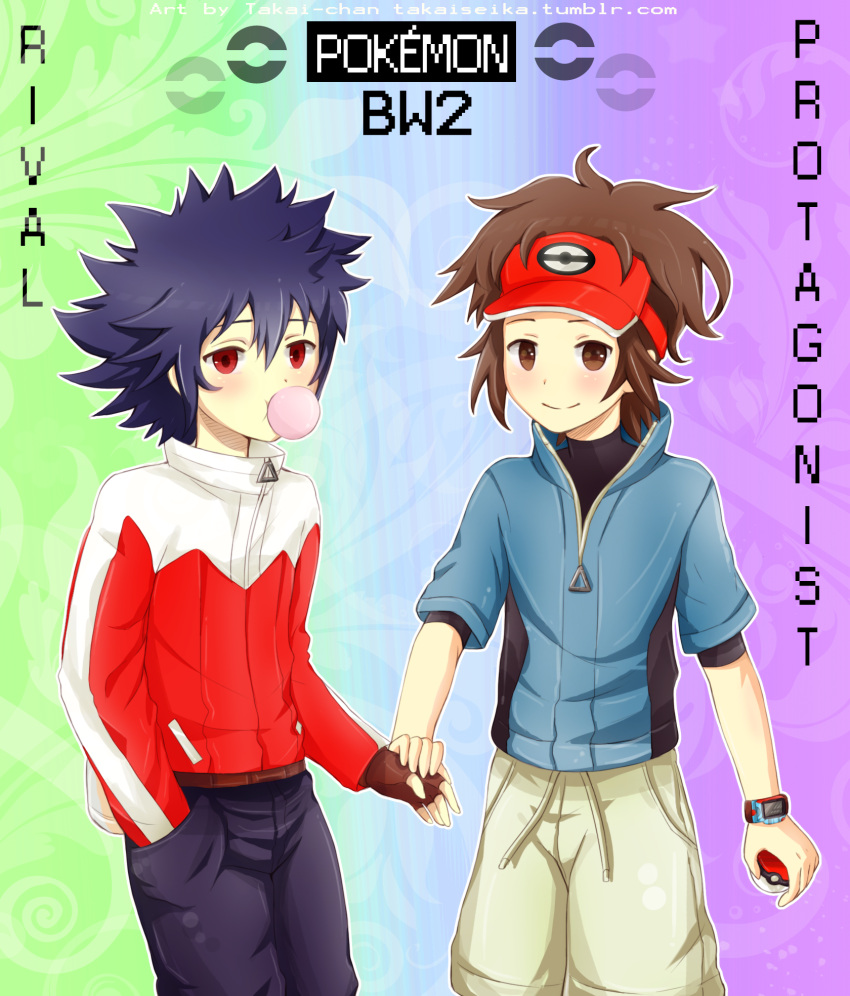2boys, blush, brown_eyes, bubble_gum, fingerless_gloves, gloves, highres, holding