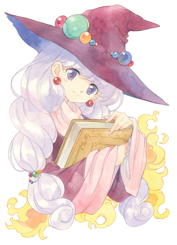 agahari, book, earrings, hat, holding, holding_book, jewelry, long_hair