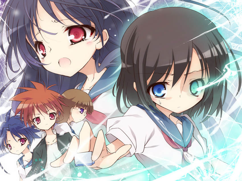 blue_eyes, blue_hair, brown_hair, eguchi_sara, eguchi_sera, electricity, funakubo_hiroko, glasses