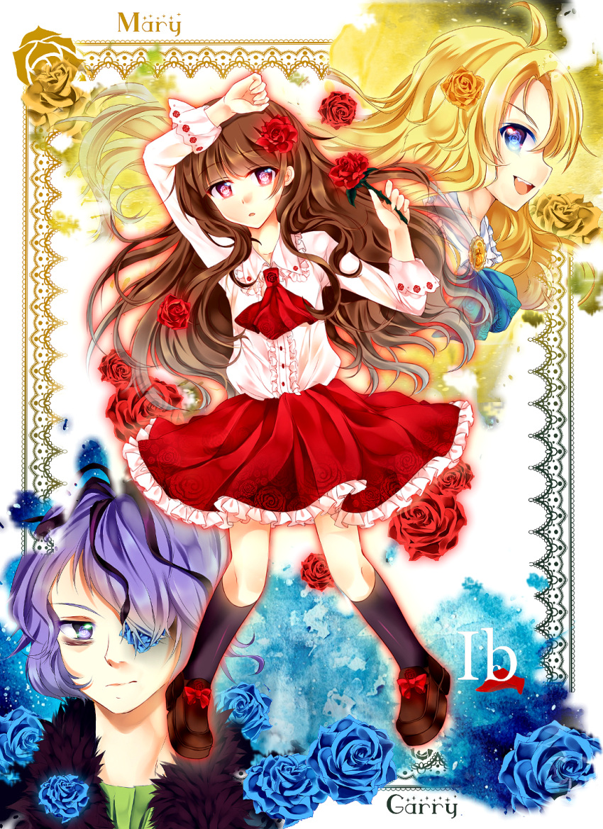 2girls, blonde_hair, blue_eyes, blue_rose, brown_hair, character_name, eve_(ib), flower