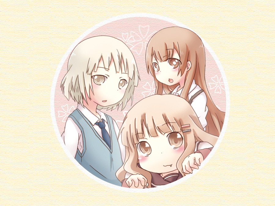 blonde_hair, brown_eyes, brown_hair, fang, hair_ornament, hairclip, multiple_girls, necktie, oomuro_hanako, oomuro_nadeshiko, oomuro_sakurako, open_mouth, siblings, sisters, tomaden, yuru_yuri
