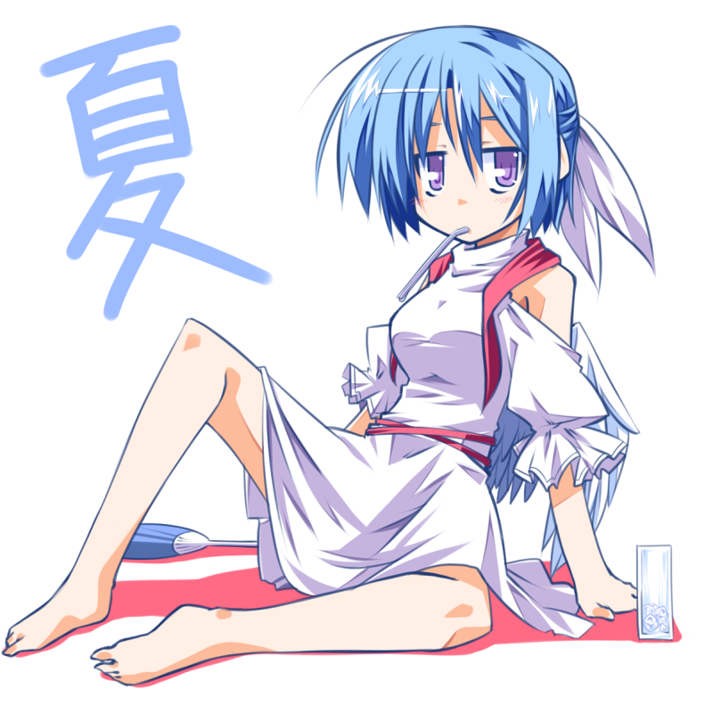 bad_id, bare_shoulders, barefoot, blue_hair, dress, fan, glass, half_updo