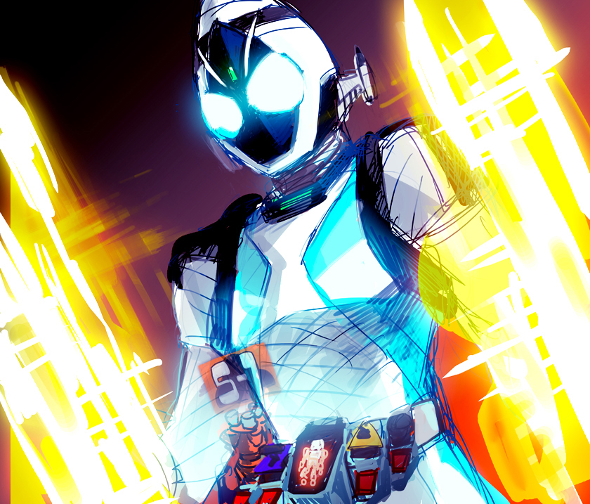 1boy, belt, dutch_angle, glowing, glowing_eyes, helmet, henshin, kae_(mochimochi6251), kamen_rider, kamen_rider_fourze, kamen_rider_fourze_(series), male, sketch, solo, transformation