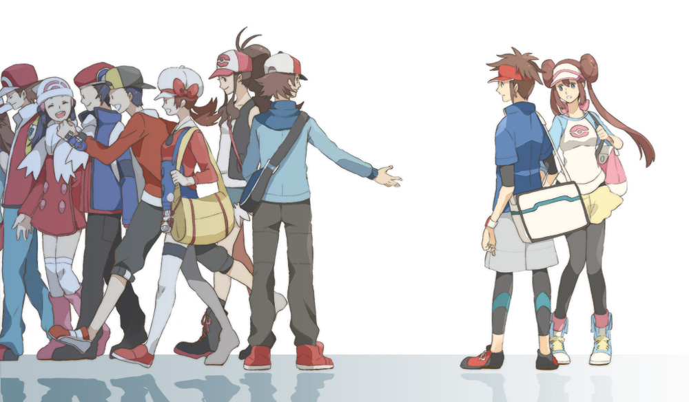 5girls, ^_^, bag, baseball_cap, black_hair, black_legwear, blue_(pokemon), boots