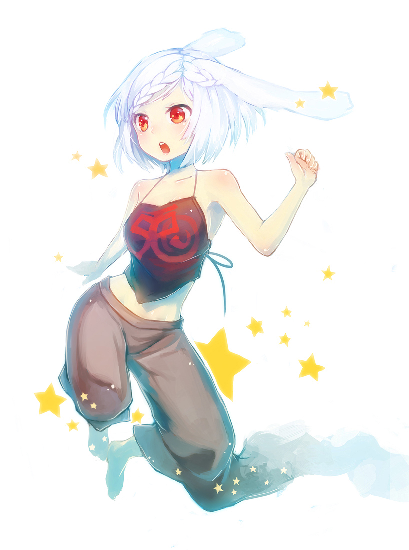 albino, animal_ears, baggy_pants, barefoot, blush, bob_cut, braid, bunny_ears