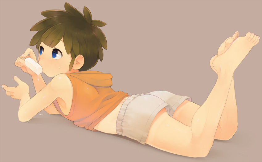 ass, bad_id, blue_eyes, blush, brown_hair, child, dripping, eating, feet, food, ice-cream, ice_cream, inazuma_eleven, inazuma_eleven_(series), on_stomach, shiogochi, shorts, shota, sweat, tachimukai_yuuki