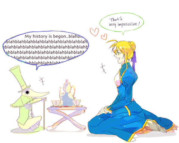 1girl, blah_blah_blah, cane, chacall, crossover, cup, english, engrish, excalibur_(soul_eater), fate/stay_night, fate_(series), indian_style, profile, ranguage, saber, seiza, sitting, soul_eater, tea_set, teacup, teapot, wall_of_text