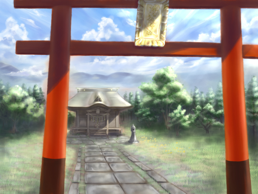 blurry, box, cloud, clouds, depth_of_field, donation_box, flower, forest