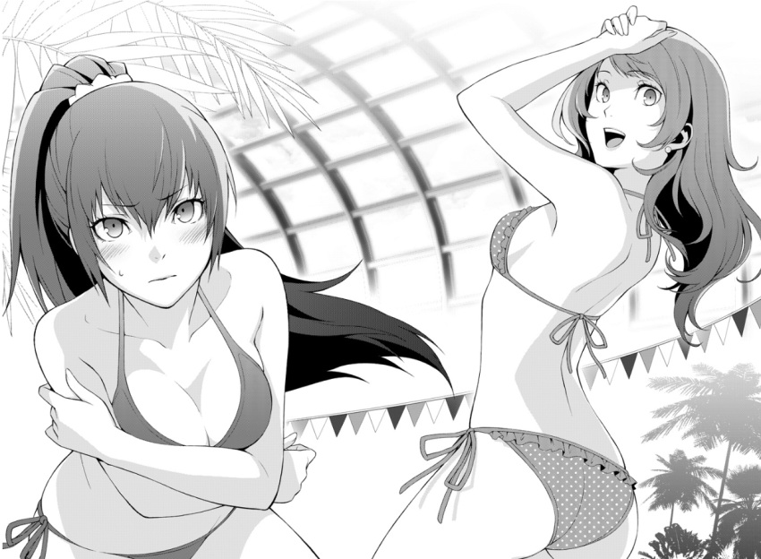 bikini, breasts, cleavage, kujikawa_rise, long_hair, monochrome, persona, persona_4