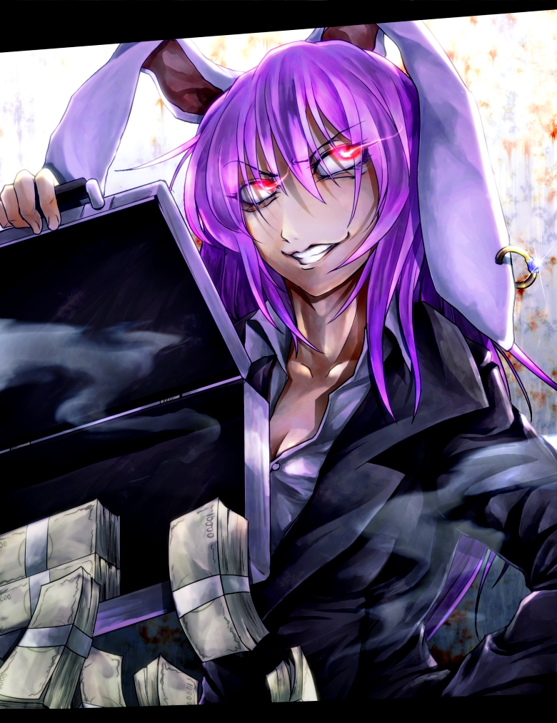 animal_ears, blazer, breasts, bunny_ears, cleavage, dress_shirt, earrings, falconet_dragon