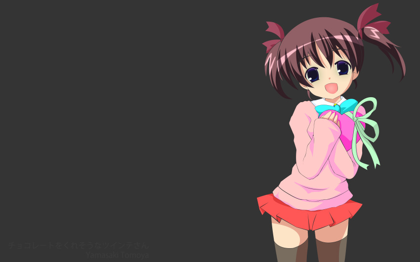 1girl, brown_hair, chocolate, dress, ribbon, solo, thighhighs, twintails, valentine, vector, violet_eyes, yamasaki_tomoya