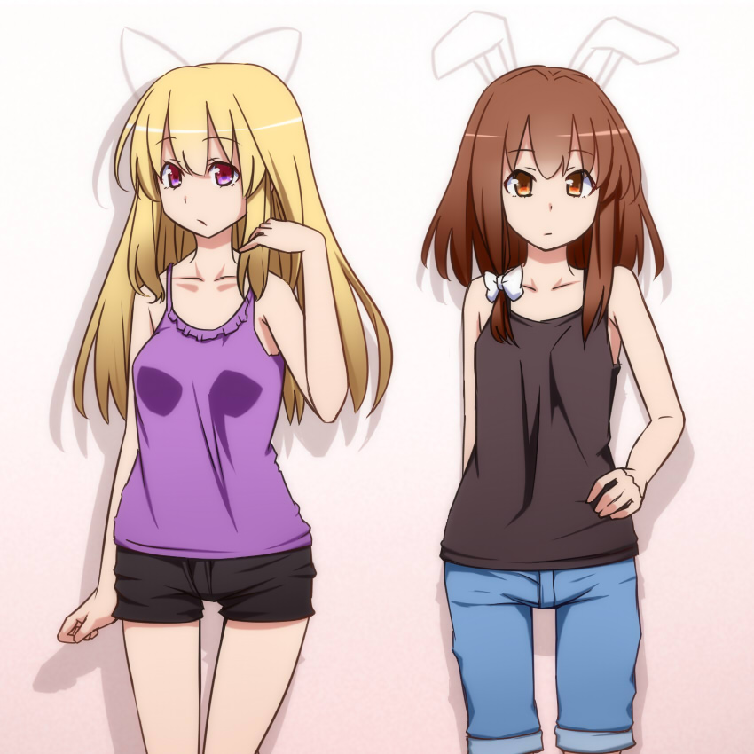 animal_ears, bare_shoulders, blonde_hair, brown_eyes, brown_hair, bunny_ears, casual, hand_on_hip