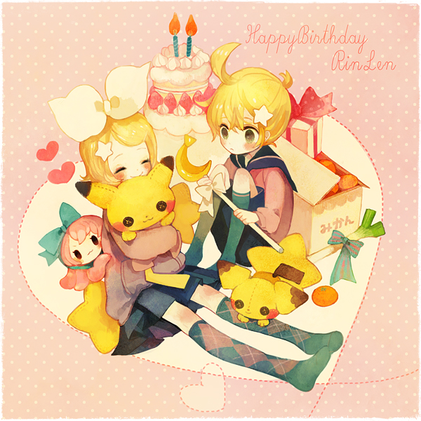 1boy, 1girl, ahoge, bad_id, birthday, blonde_hair, blush, bow