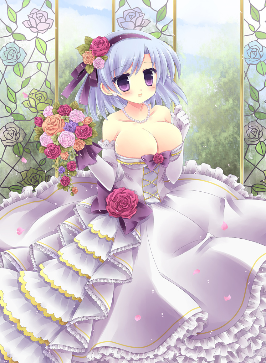 1girl, bad_id, bare_shoulders, blue_hair, blush, bouquet, breasts, cleavage