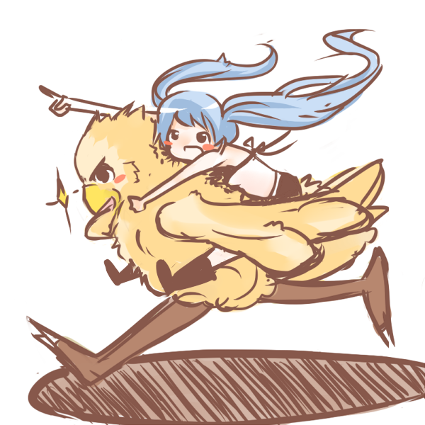 aqua_hair, bikini_top, black_rock_shooter, black_rock_shooter_(character), black_rock_shooter_(cosplay), blush_stickers, chocobo, cosplay, crossover, final_fantasy, gun-dere, hatsune_miku, long_hair, riding, shorts, twintails, vocaloid