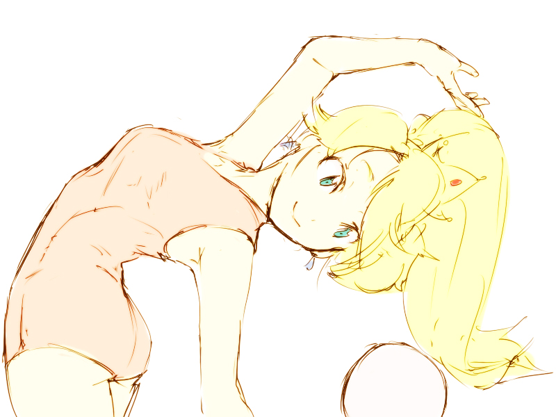 arms_up, ball, blonde_hair, blue_eyes, crown, earrings, jewelry, leotard, nintendo, nyora_(soredemosekai), ponytail, princess_peach, super_mario_bros., swimsuit
