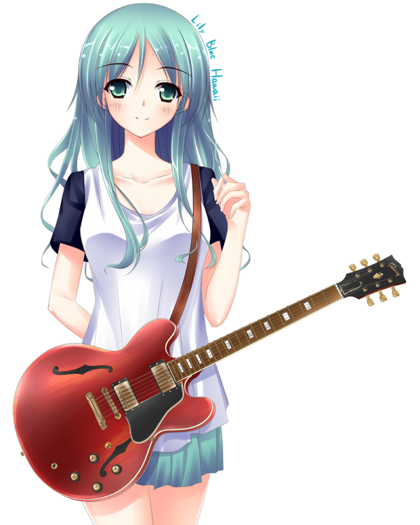aosi_(wasabiranzy), green_eyes, green_hair, guitar, instrument, long_hair, original, simple_background, skirt, smile, solo, white_background