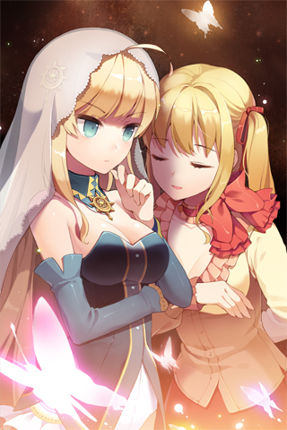 arm_behind_back, arm_up, blonde_hair, breasts, butterfly, closed_eyes, detached_collar, detached_sleeves