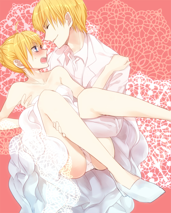 blonde_hair, blue_eyes, blush, carrying, collarbone, dress, embarrassed, fate/zero, fate_(series), formal, gilgamesh, hair_bun, herorororon, panties, payot, princess_carry, saber, suit, underwear, wedding_dress