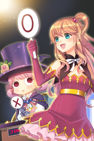 bow, brittany_scarborough, cape, crescent_conundrum, detached_sleeves, dress, flower, frilled_dress, frills, gloves, green_eyes, hat, holding, long_hair, lowres, open_mouth, orange_hair, pink_hair, red_eyes, ribbon, rose, short_hair, side_ponytail, sign, sign_holding, smile, sweatdrop, sword_girls, top_hat, wings