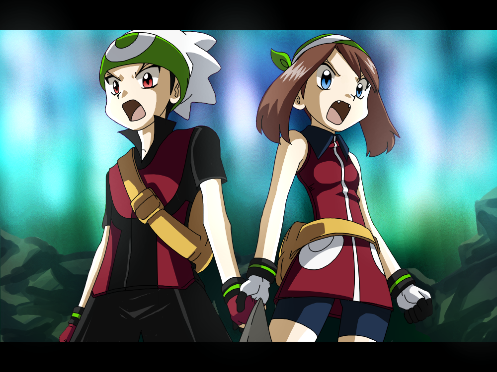 bad_id, bandana, black_hair, blue_eyes, brown_hair, fangs, hat, hifumi_(balance)