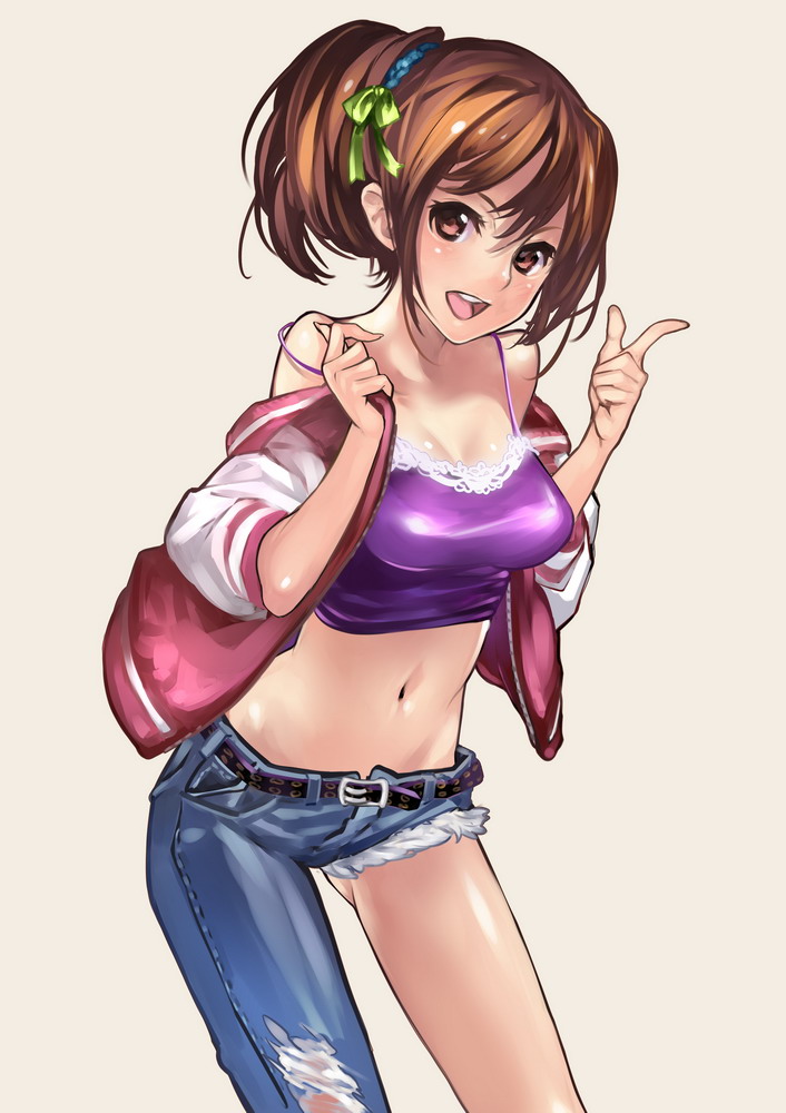 1girl, asymmetrical_clothes, bare_shoulders, breasts, brown_eyes, brown_hair, camisole, character_request, cleavage, cutoffs, female, hair_ribbon, jeans, midriff, navel, off_shoulder, official_art, okishi_jien, okishiji_en, ougon_bakusou!_decotora_tournament, ponytail, ribbon, simple_background, smile, solo, strap_slip